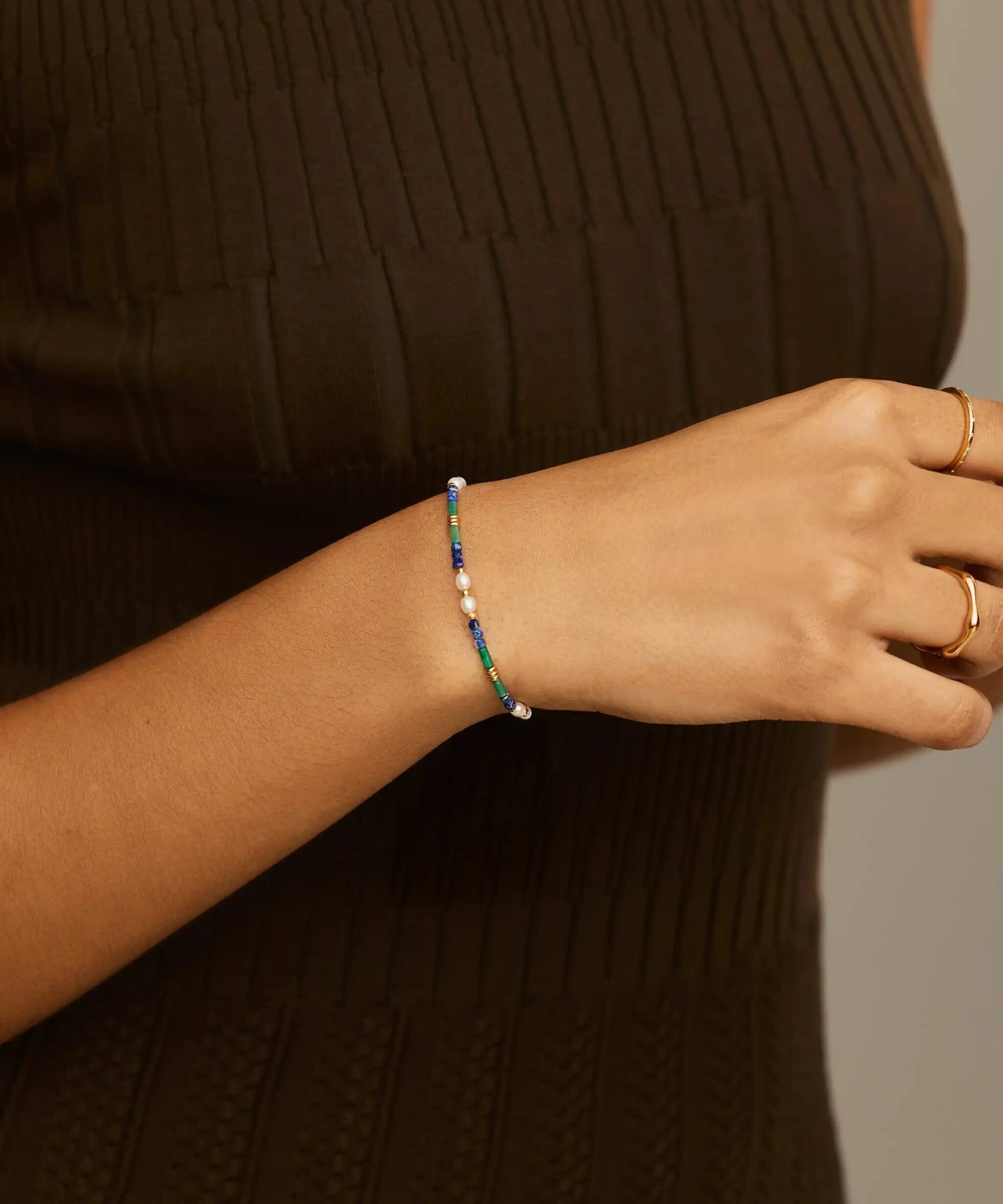 Alternative view of Beaded Gemstone & Pearl Bracelet | 18ct Gold Plated/Lagoon Blue