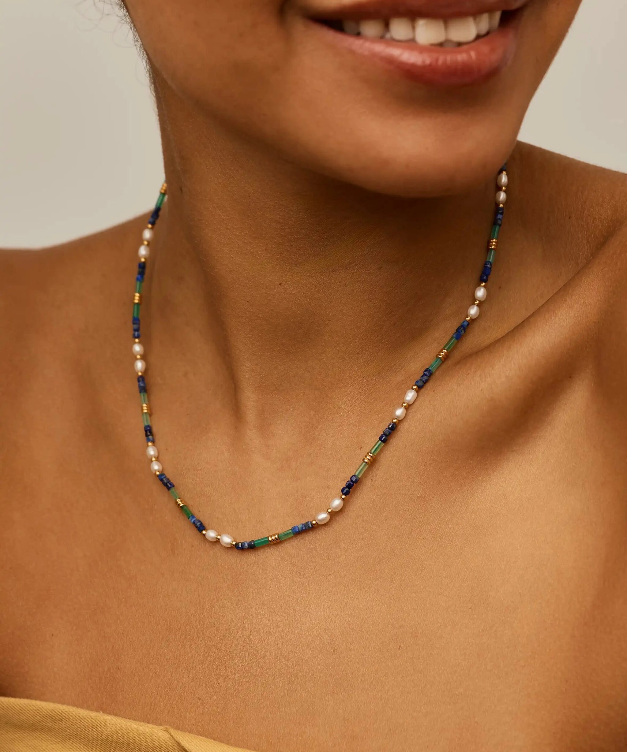 Alternative view of Beaded Gemstone & Pearl Short Necklace | 18ct Gold Plated/Lagoon Blue