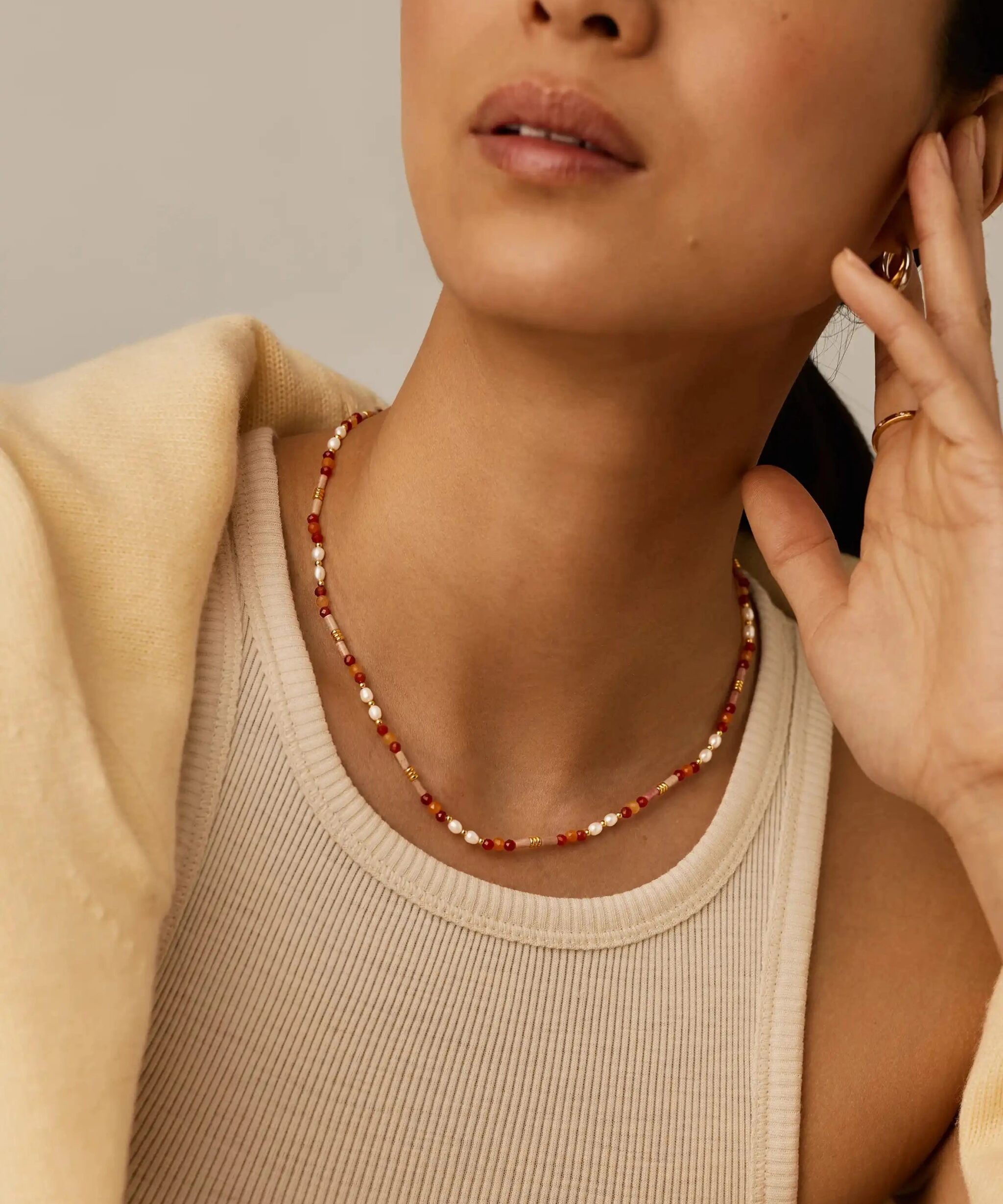 Alternative view of Beaded Gemstone & Pearl Short Necklace | 18ct Gold Plated/Paloma Pink