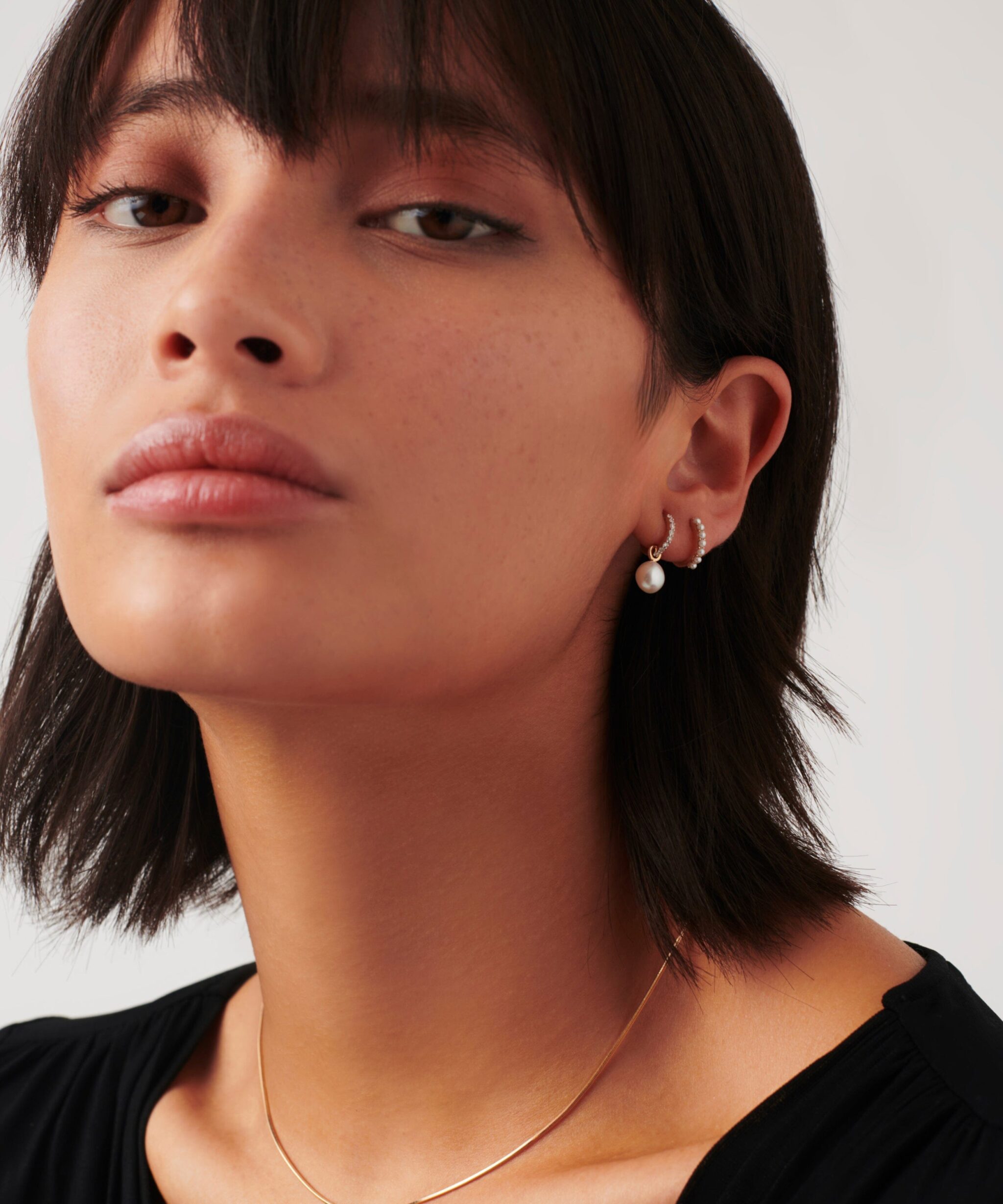 Alternative view of Solid Gold Diamond & Pearl Charm Hoop Earrings | 14ct Solid Gold/Pearl & Diamond