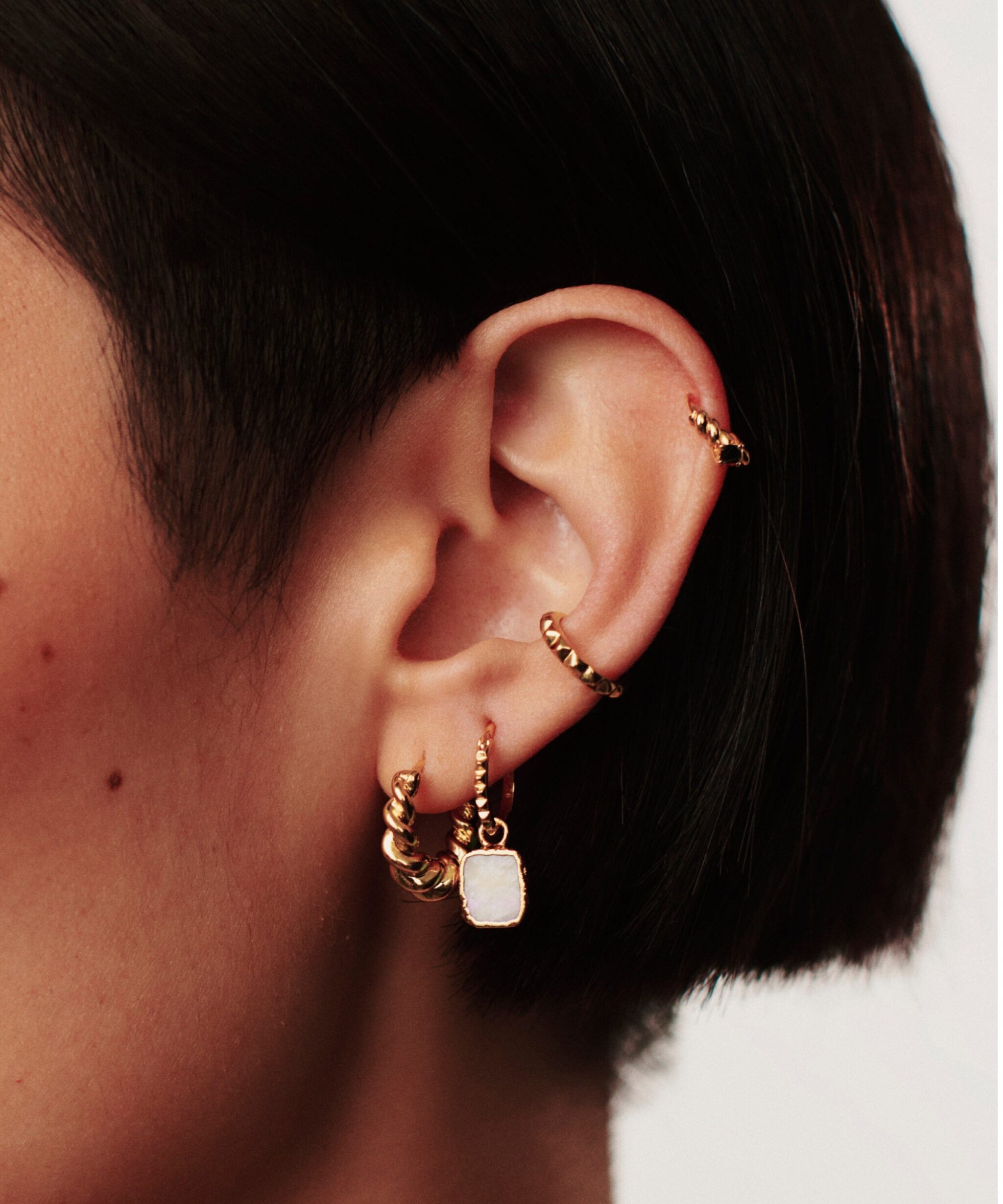 Alternative view of Mini Pyramid Charm Hoop Earrings | 18ct Gold Vermeil/Rainbow Moonstone
