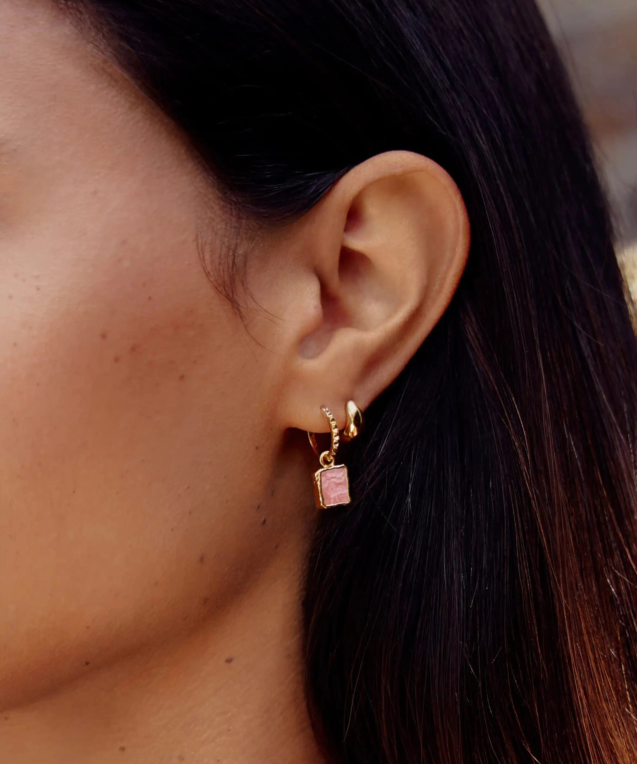 Alternative view of Mini Pyramid Charm Hoop Earrings | 18ct Gold Vermeil/Rhodochrosite