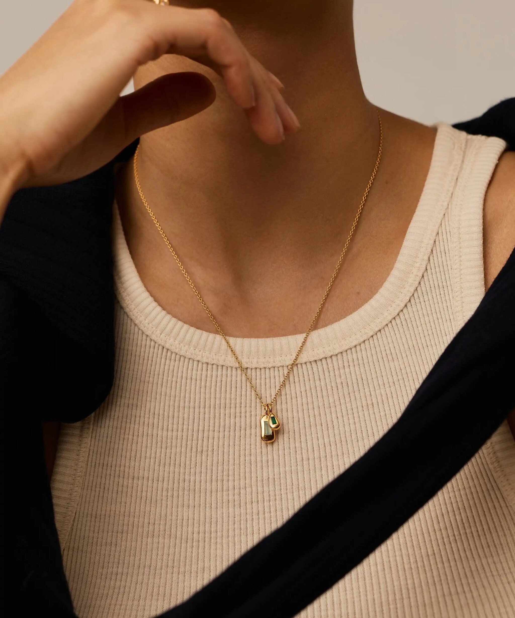 Alternative view of Molten Gemstone Bean Pendant Necklace | 18ct Gold Plated/Blue and Green Onyx