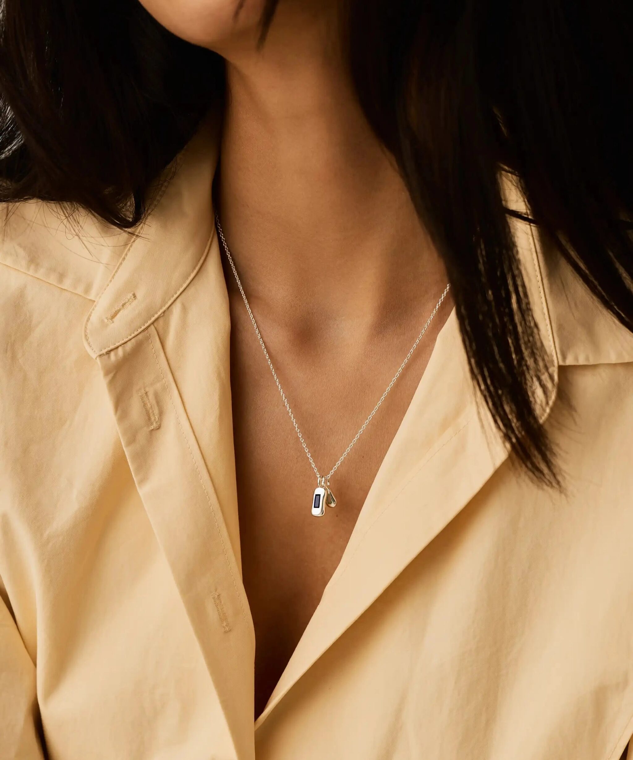 Alternative view of Molten Gemstone Bean Pendant Necklace | Silver Plated/Blue Onyx and Lab Grown Sapphire