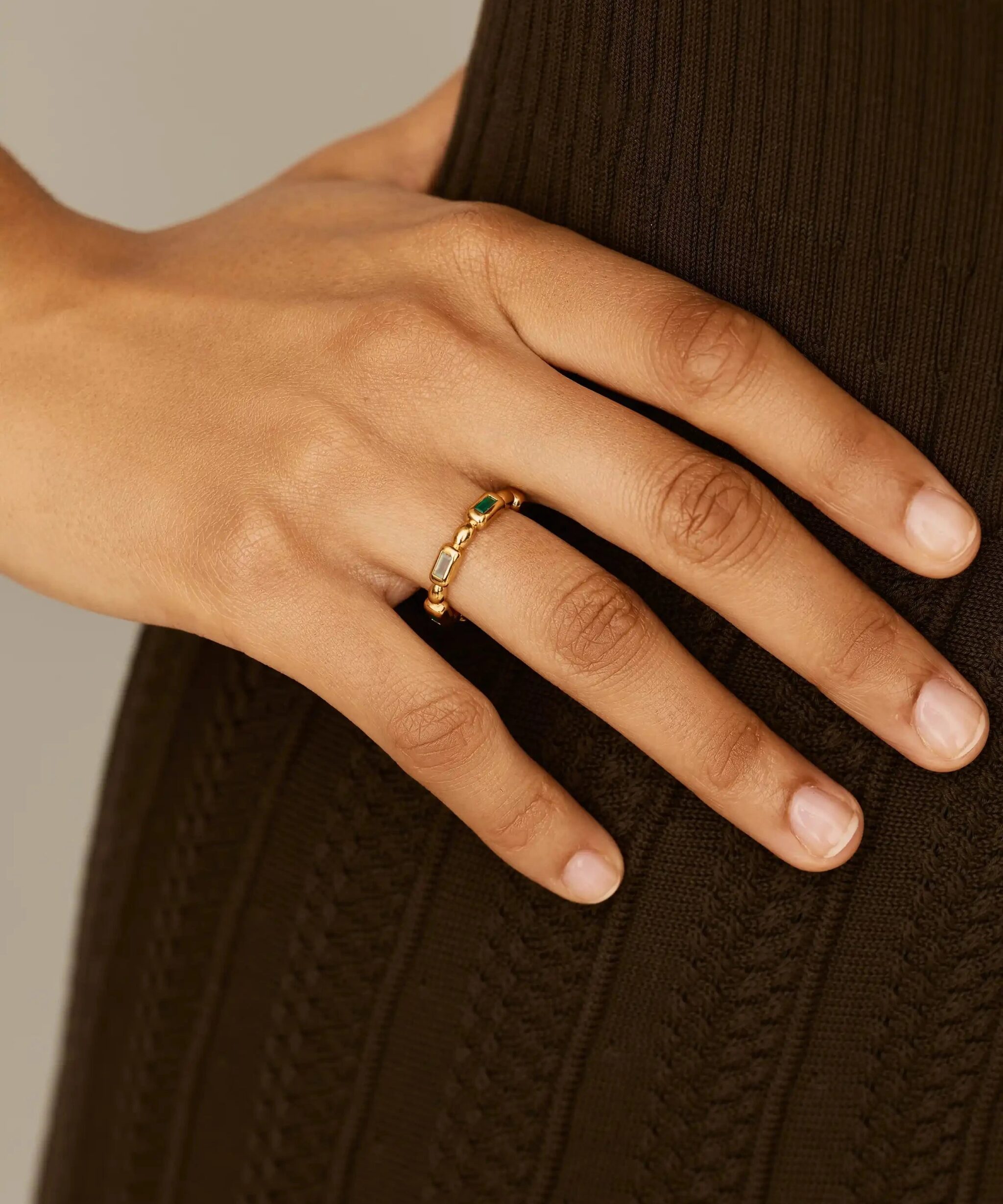 Alternative view of Molten Gemstone Stacking Ring | 18ct Gold Plated/Blue & Green Onyx