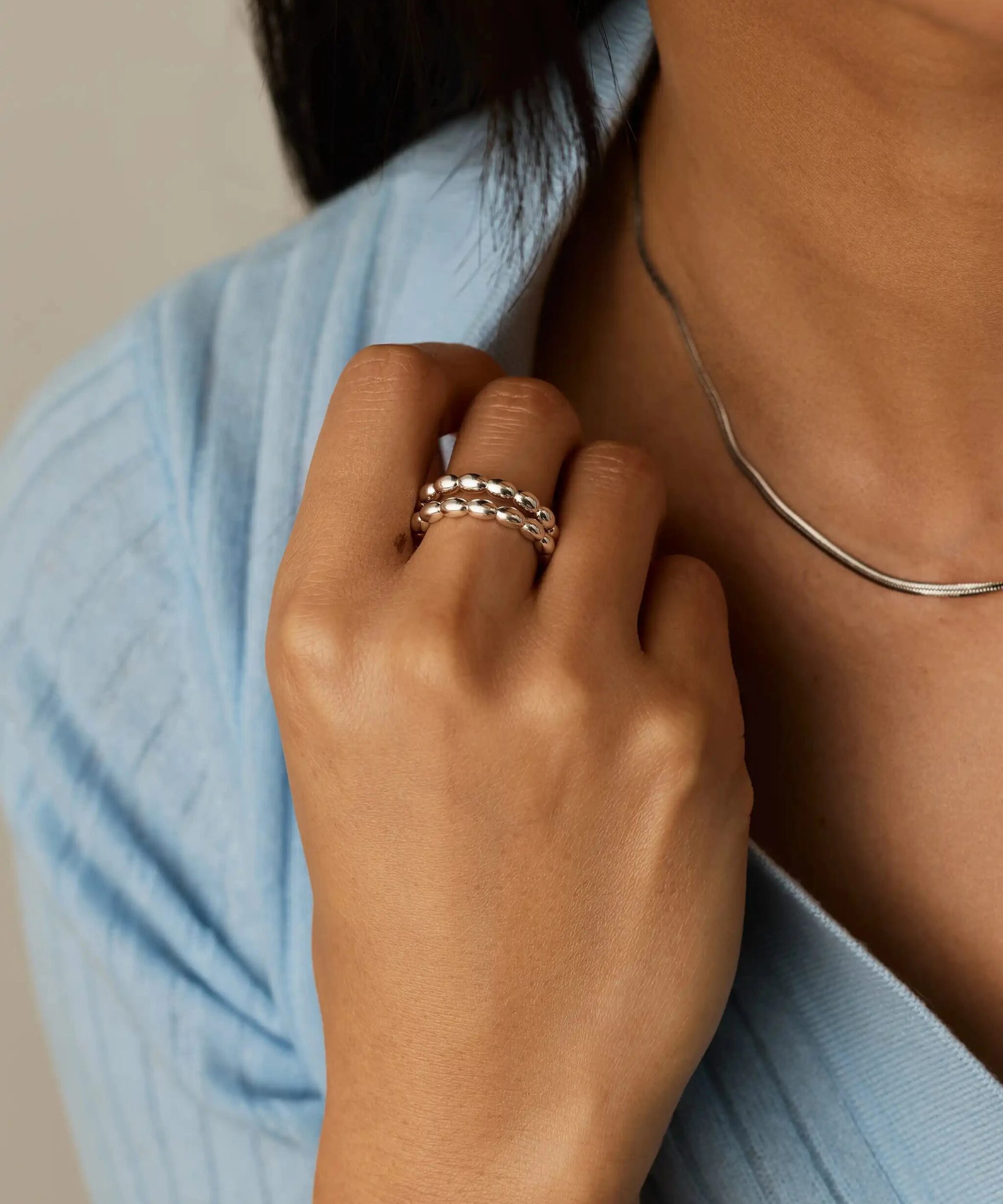 Alternative view of Molten Olive Stacked Ring | Silver Plated
