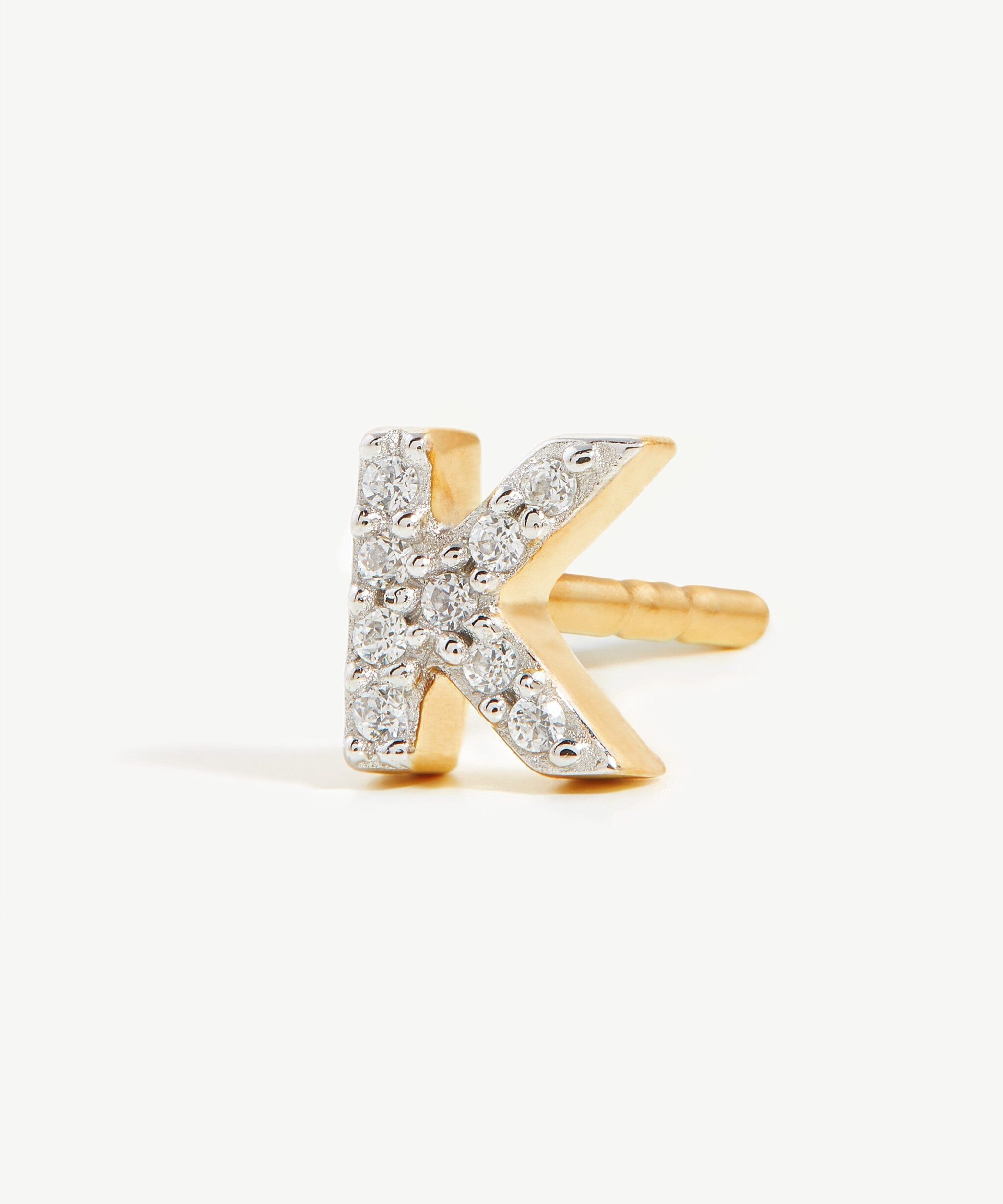 Alternative view of Pave Initial Single Stud Earring - Initial K | 18ct Gold Vermeil/Cubic Zirconia