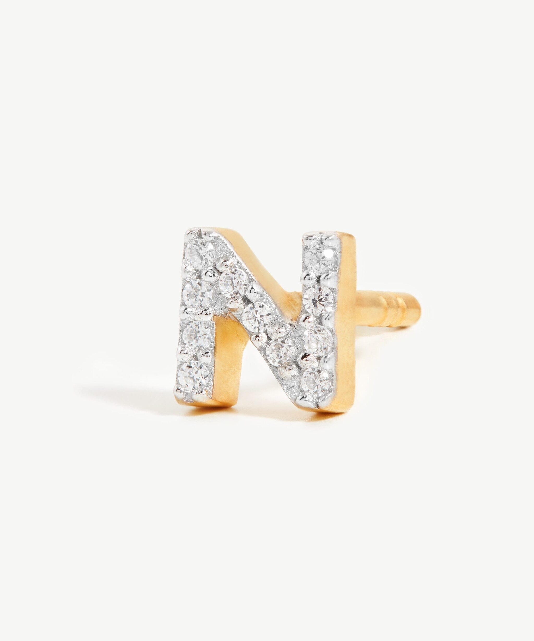 Alternative view of Pave Initial Single Stud Earring - Initial N | 18ct Gold Vermeil/Cubic Zirconia