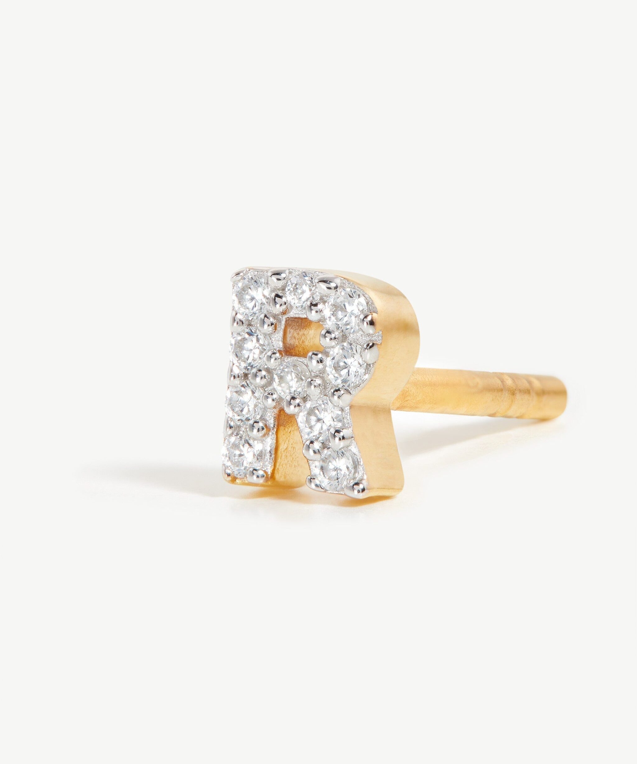 Alternative view of Pave Initial Single Stud Earring - Initial R | 18ct Gold Vermeil/Cubic Zirconia