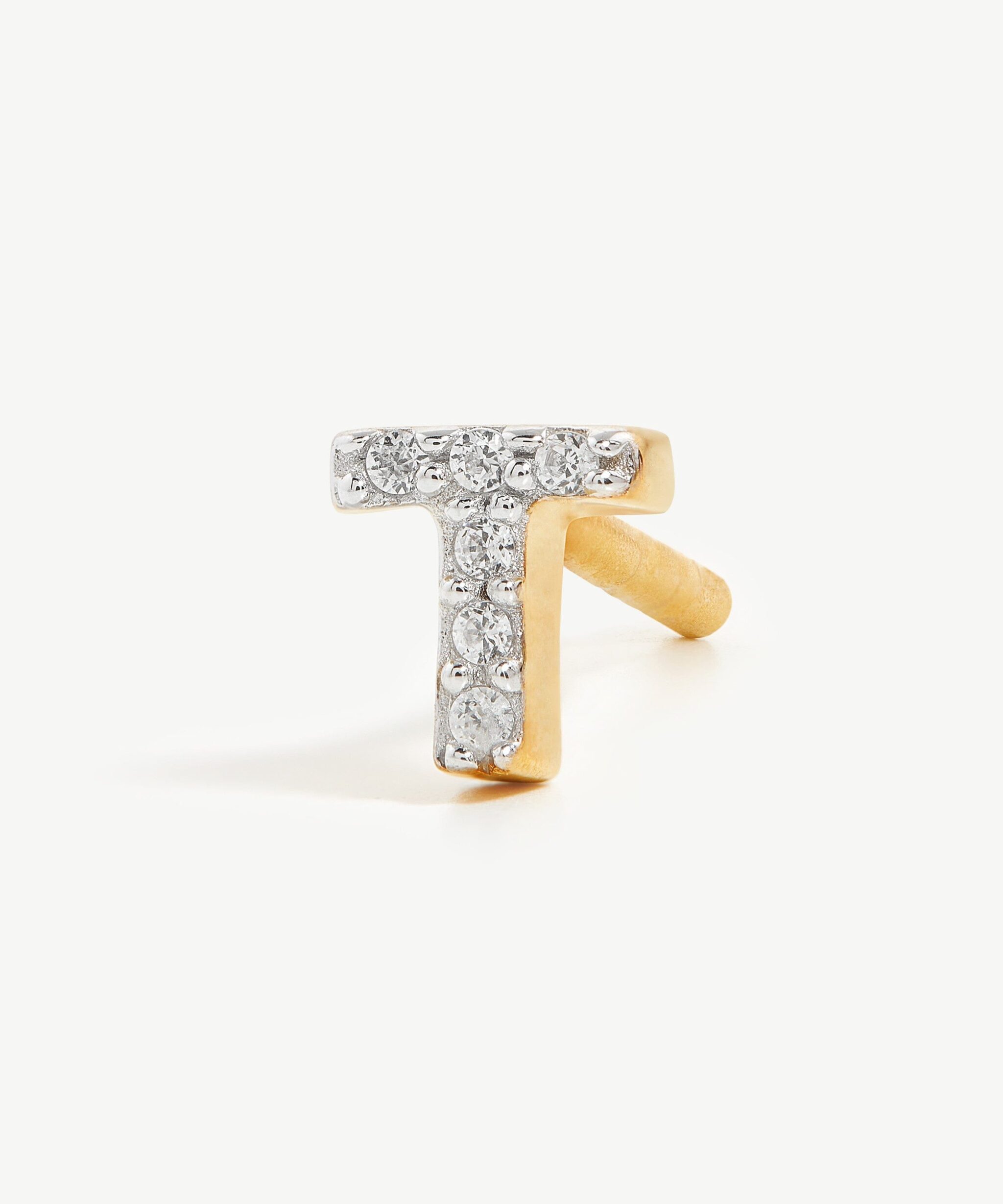 Alternative view of Pave Initial Single Stud Earring - Initial T | 18ct Gold Vermeil/Cubic Zirconia