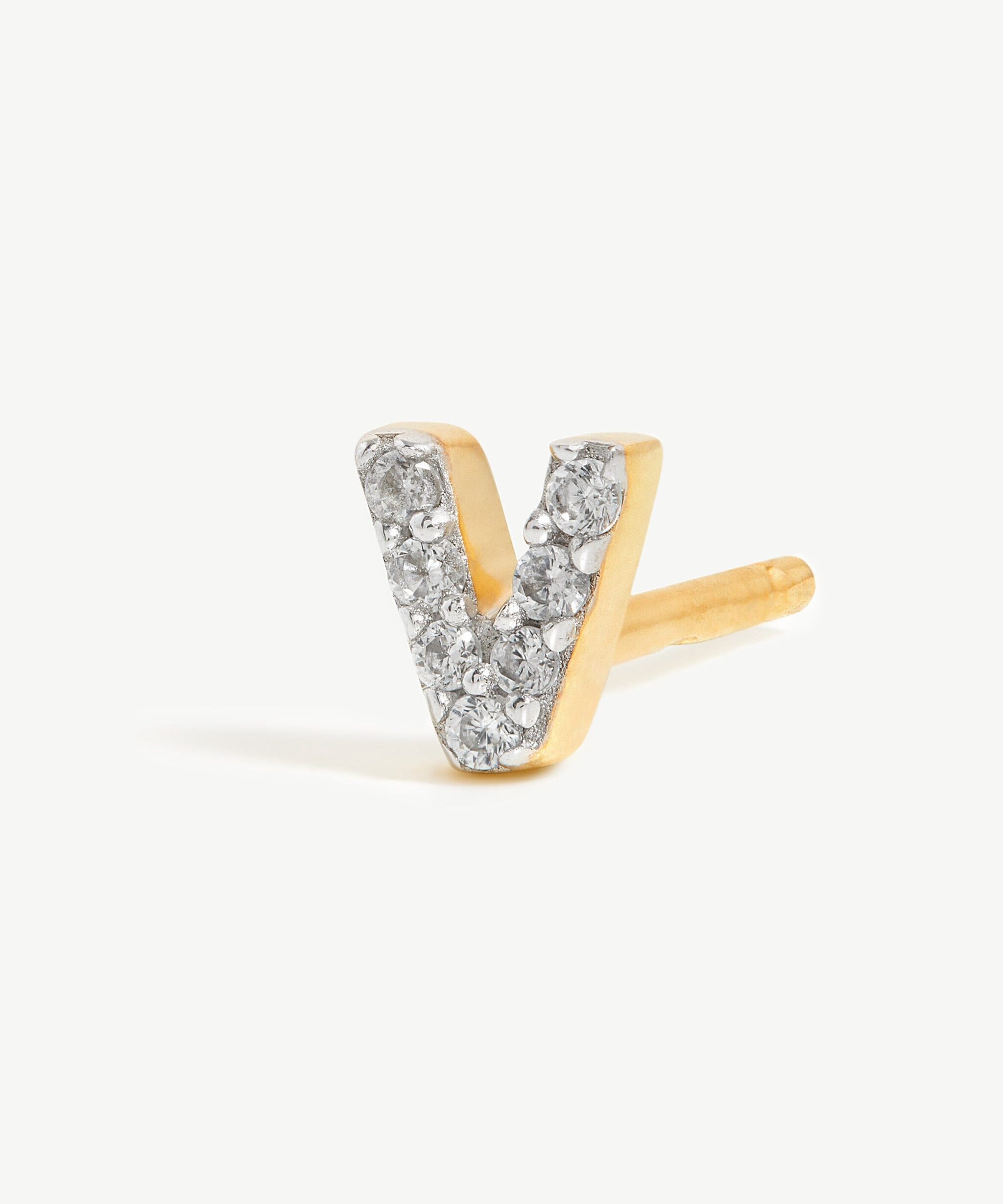 Alternative view of Pave Initial Single Stud Earring - Initial V | 18ct Gold Vermeil/Cubic Zirconia