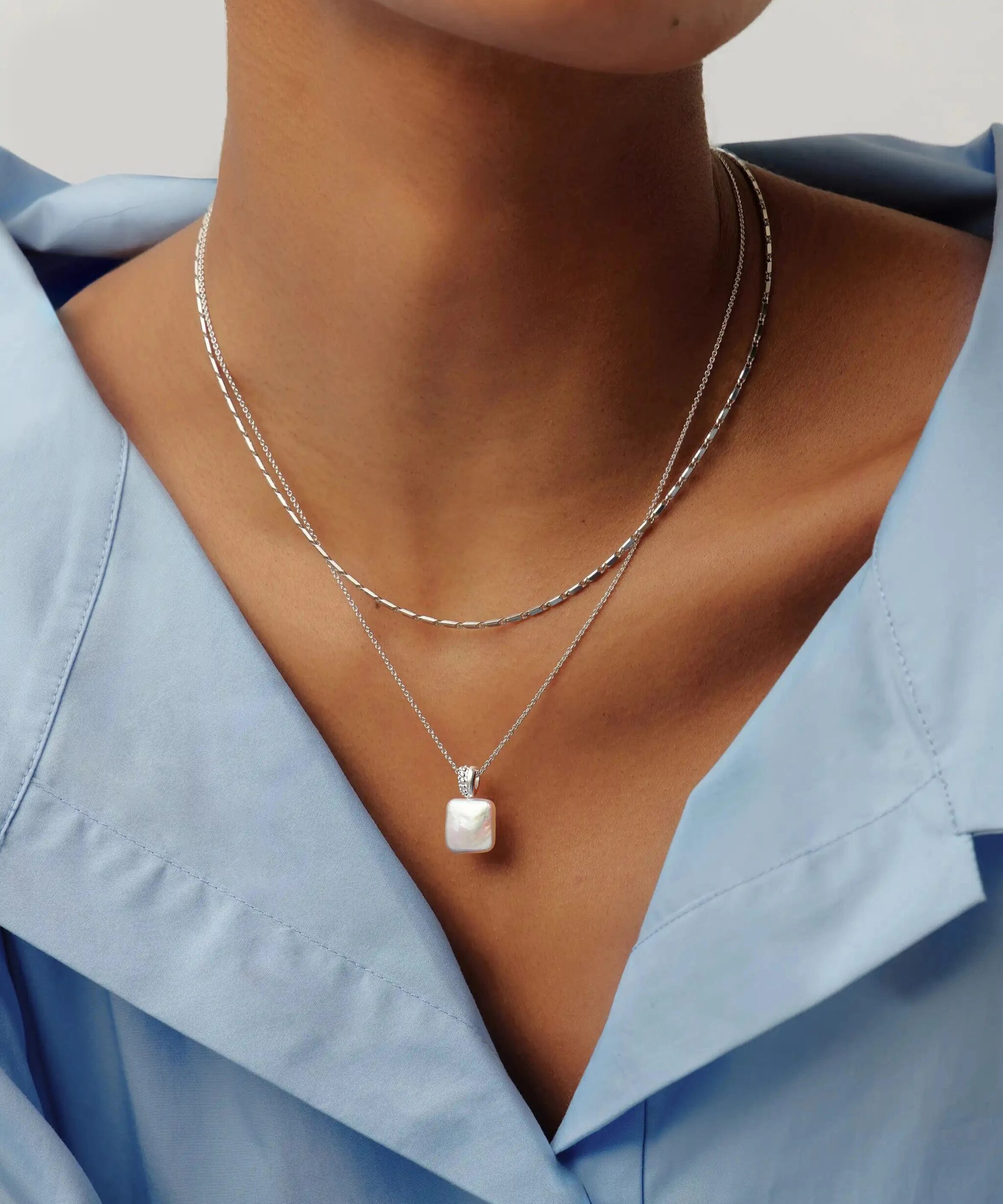 Alternative view of Square Pearl Baya Pendant Necklace | Sterling Silver/Pearl
